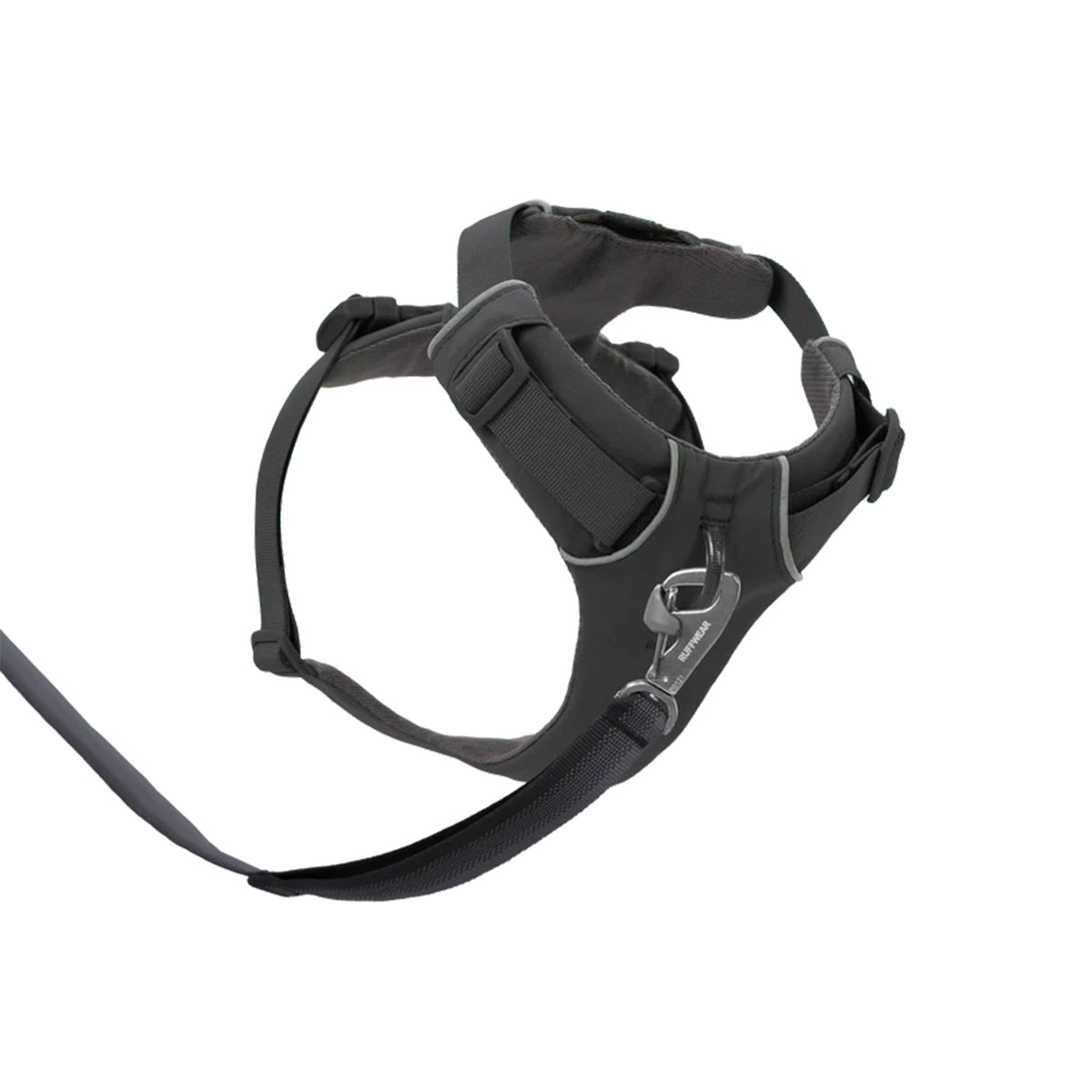 Zigly black padded dog harness with leash and metal clip on white background