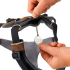 Hands attaching Ruff Wear dog tag to durable brown and gray dog harness with black straps zigly