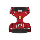Zigly red Ruffwear dog harness with padded grey lining and metal leash attachment