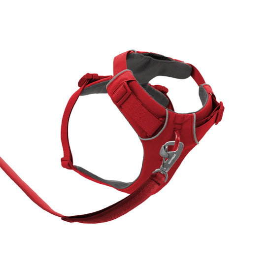 Zigly red dog harness with padded straps and metal leash clip on white background