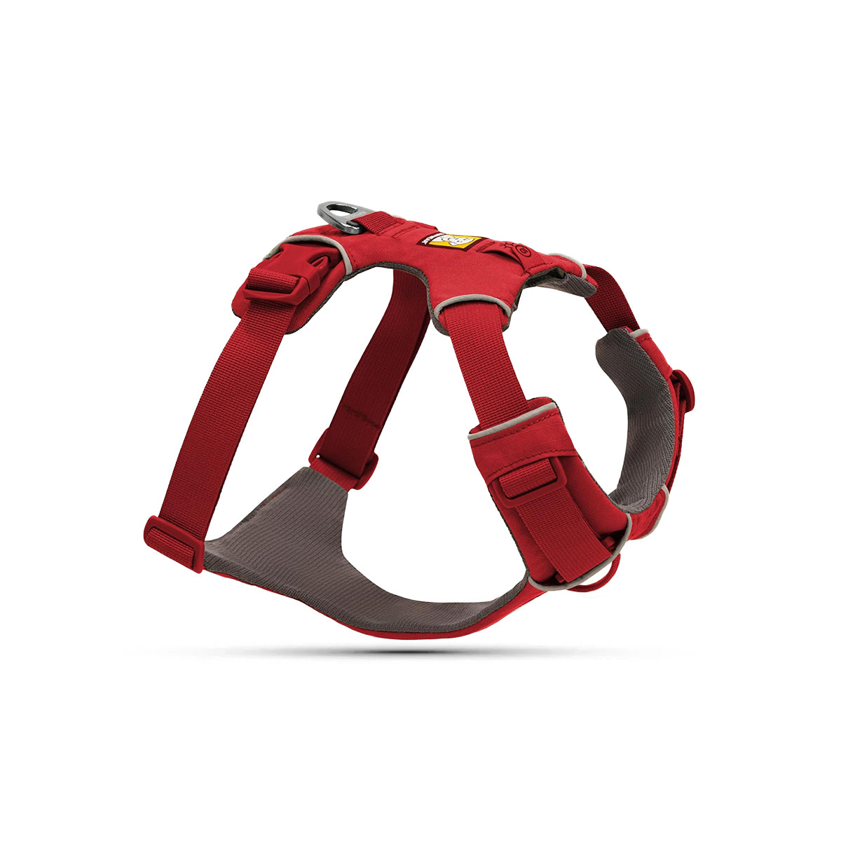 Red and gray adjustable dog harness with padded straps and metal leash ring by Zigly
