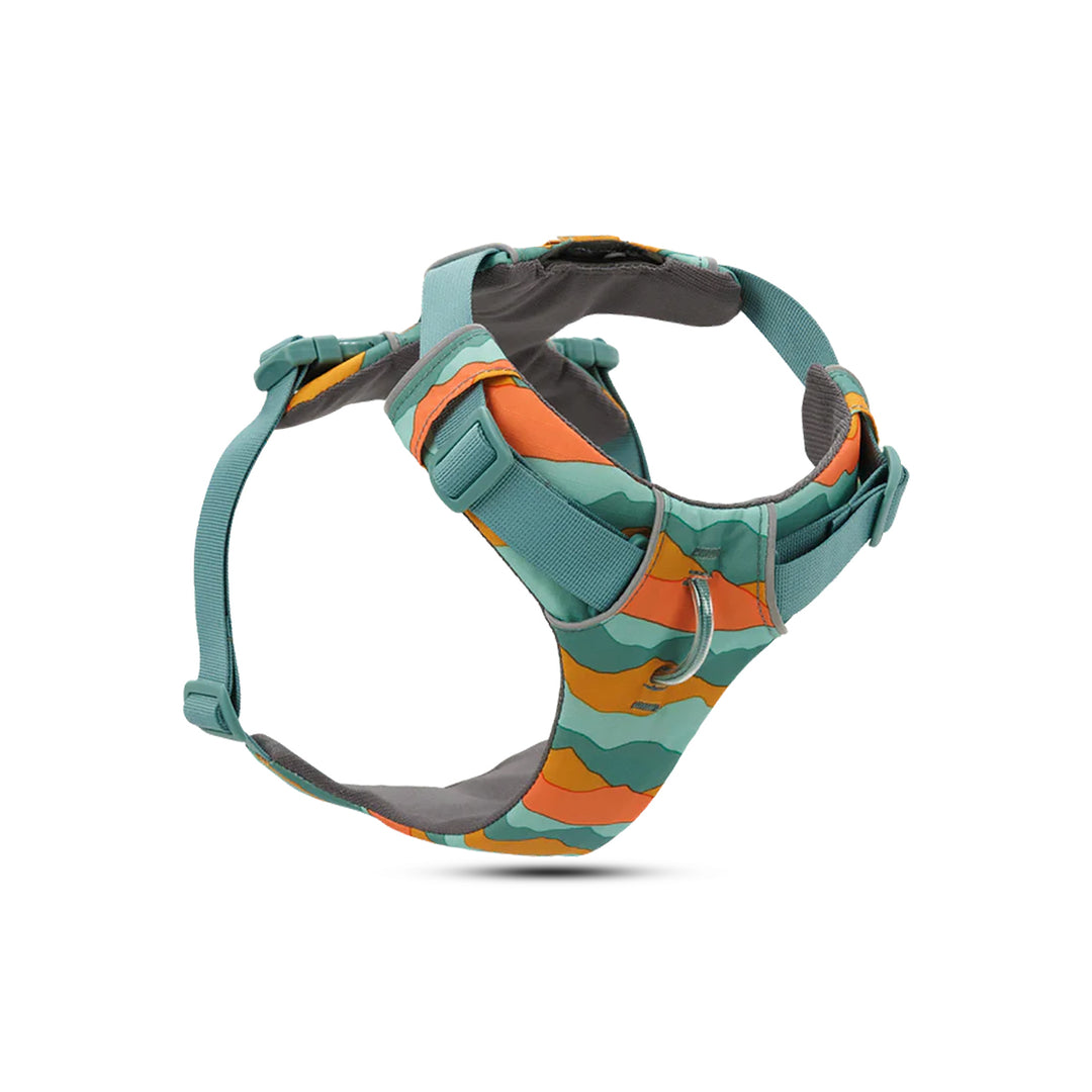 Zigly colorful dog harness with orange, green, and teal camouflage pattern and adjustable straps