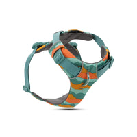 Zigly colorful dog harness with orange, green, and teal camouflage pattern and adjustable straps