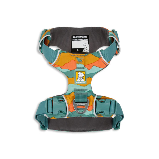 Zigly colorful Ruffwear dog harness with teal straps and orange blue pattern, size small