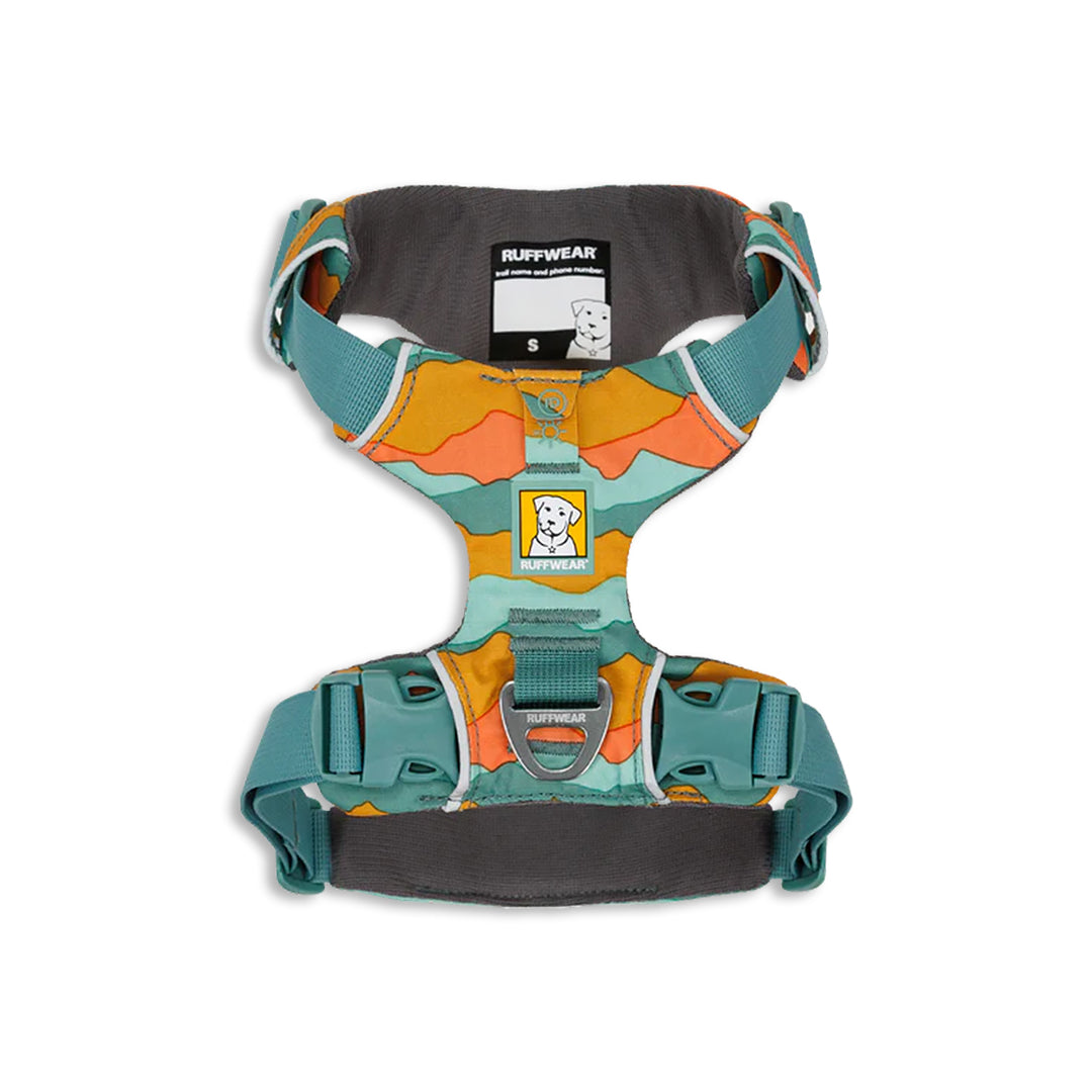 Zigly colorful Ruffwear dog harness with teal straps and orange blue pattern, size small