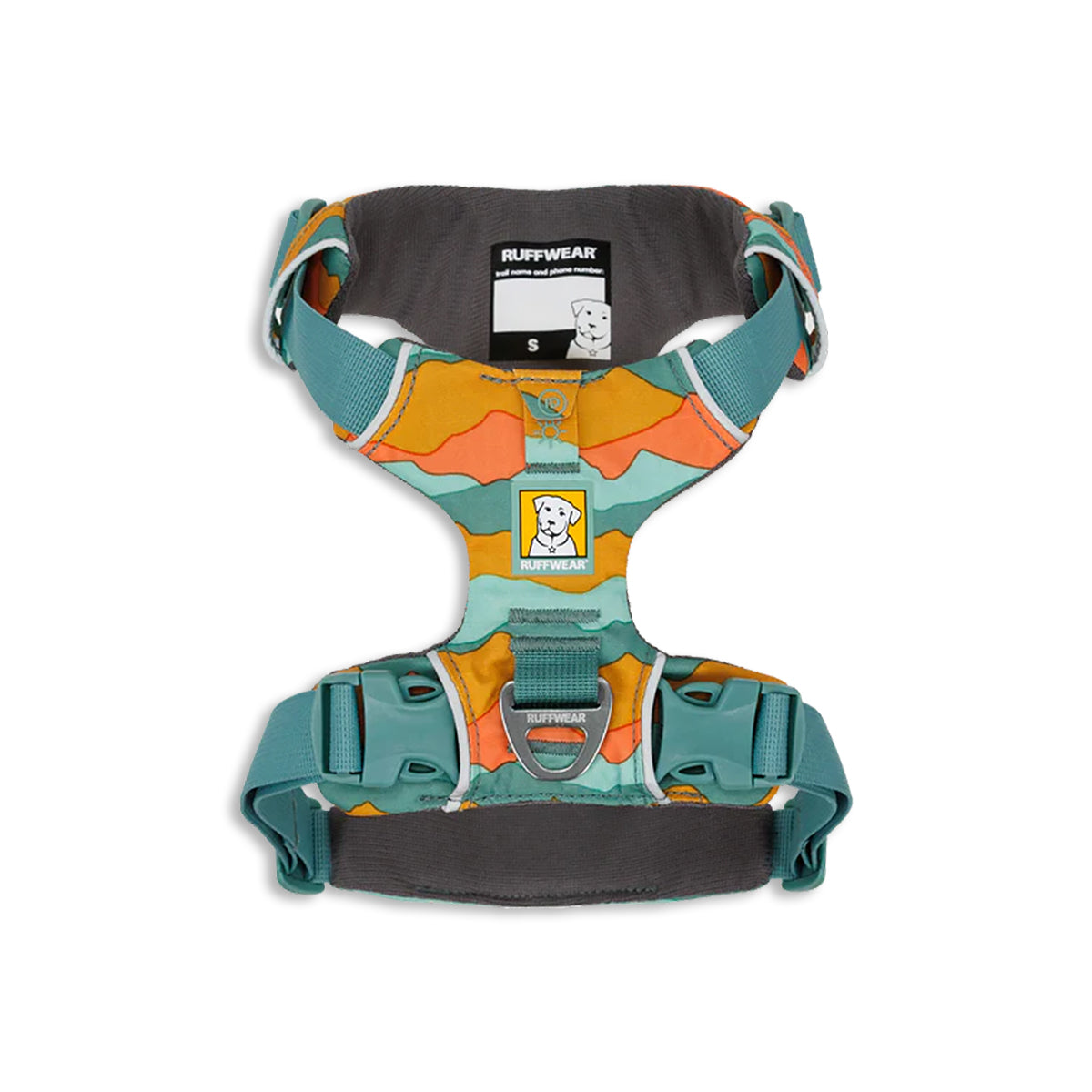 Zigly colorful Ruffwear dog harness with teal straps and orange blue pattern, size small