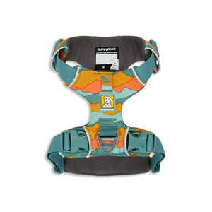 Zigly colorful Ruffwear dog harness with teal straps and orange blue pattern, size small