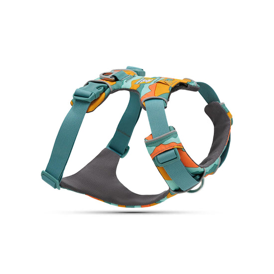 Zigly colorful adjustable dog harness with teal straps and orange accents against white