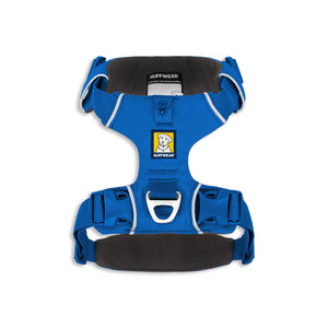 Ruffwear blue dog harness with padded straps and D-ring leash attachment, zigly design