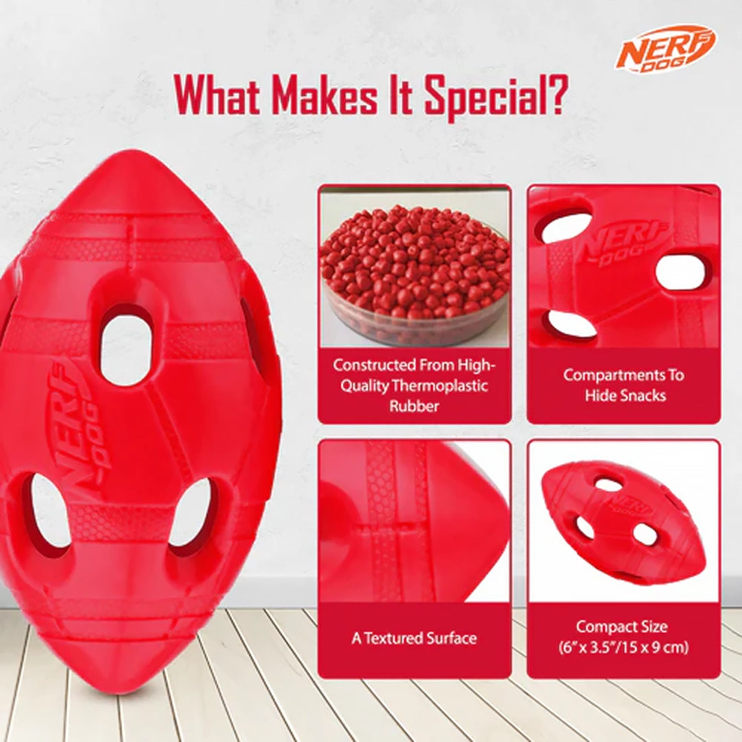 Nerf TPR Bash Treat Football Dog Toy - Red - 15.24 cm