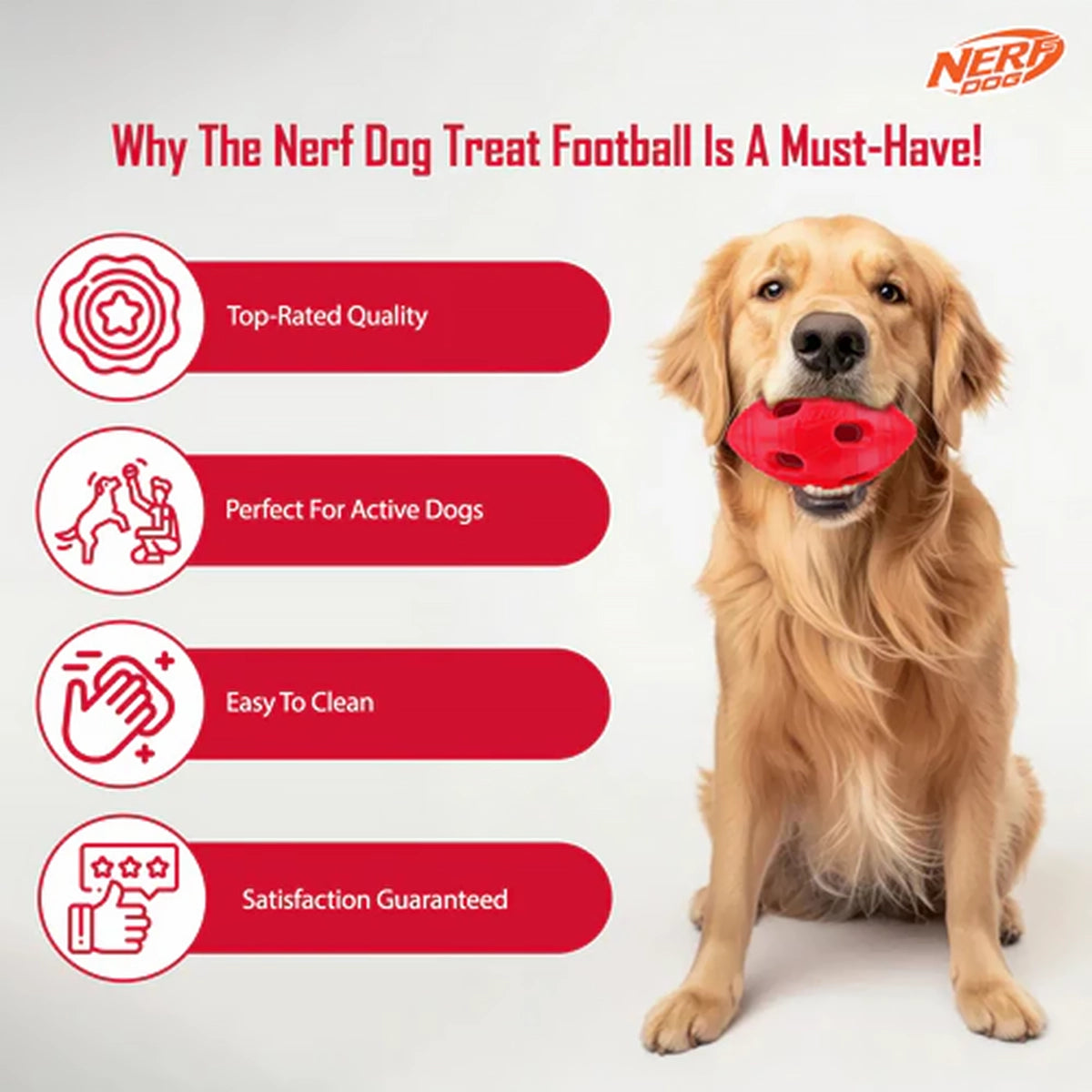 Nerf TPR Bash Treat Football Dog Toy - Red - 15.24 cm