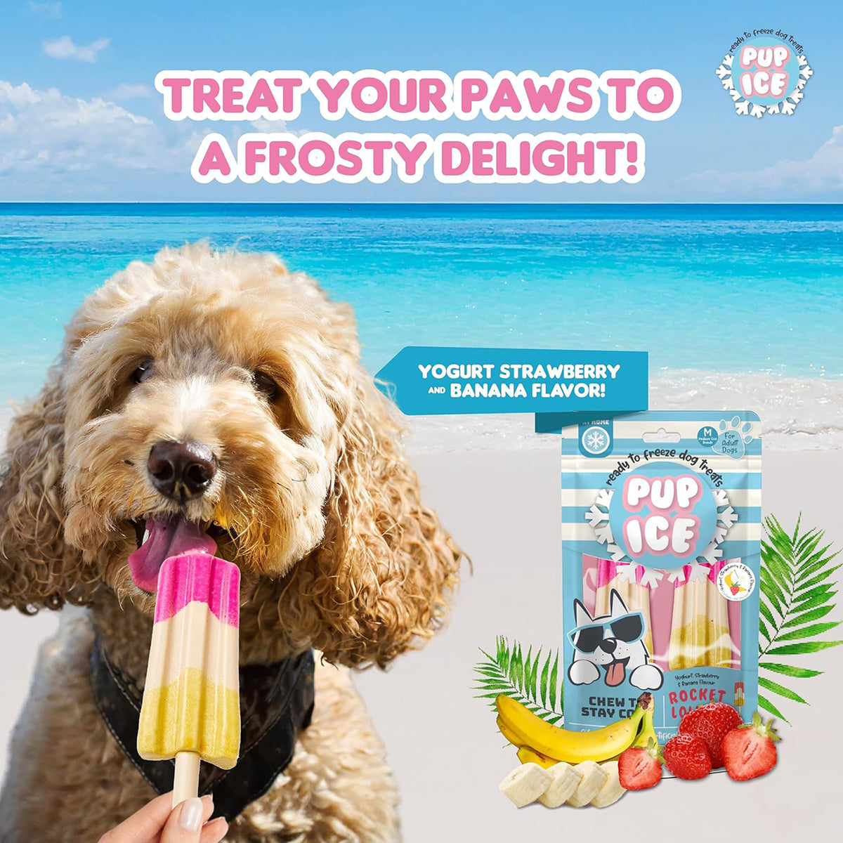 Pup Ice Rocket Lollies, Yoghurt Strawberry & Banana Flavour Dog Treat, 2 Pcs - 90g