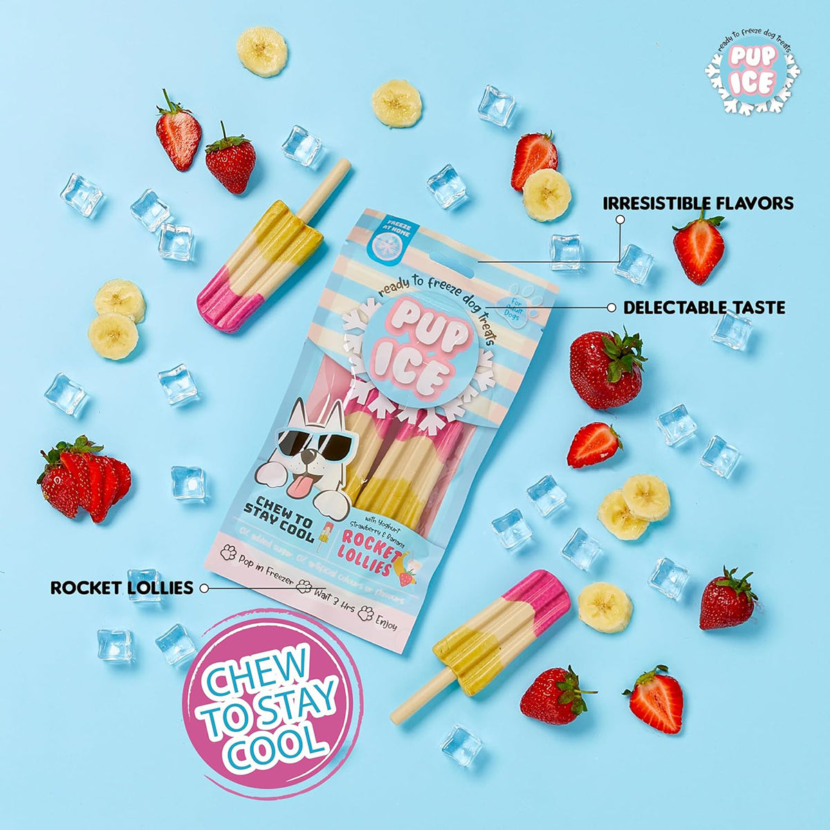 Pup Ice Rocket Lollies, Yoghurt Strawberry & Banana Flavour Dog Treat, 2 Pcs - 90g