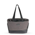 Zigly grey tweed tote bag with black handles and leather bottom, front zippered pockets