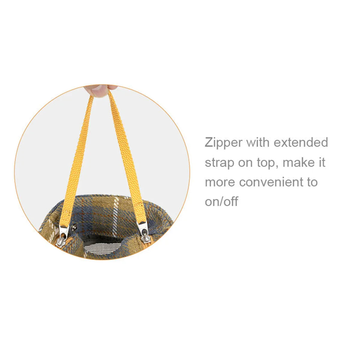 Zigly bag zipper with extended yellow strap for easy on/off, plaid fabric detail
