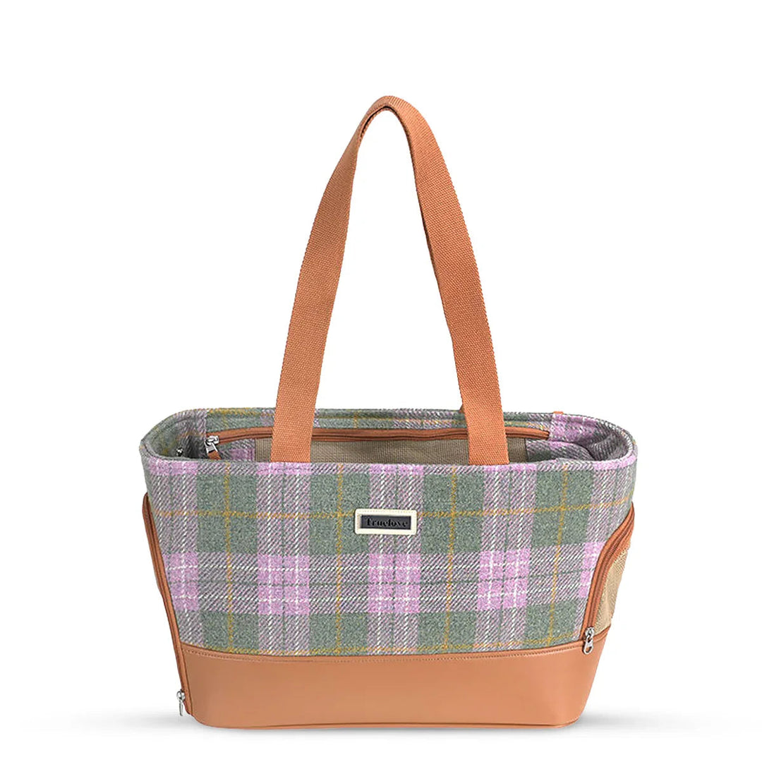Zigly plaid tote bag with purple, green, and tan check pattern, tan base and handles