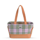 Zigly plaid tote bag with purple, green, and tan check pattern, tan base and handles