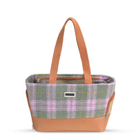 Zigly plaid tote bag with purple, green, and tan check pattern, tan base and handles