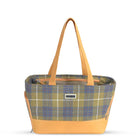 Zigly plaid tote bag with yellow handles and base, blue and green checkered pattern