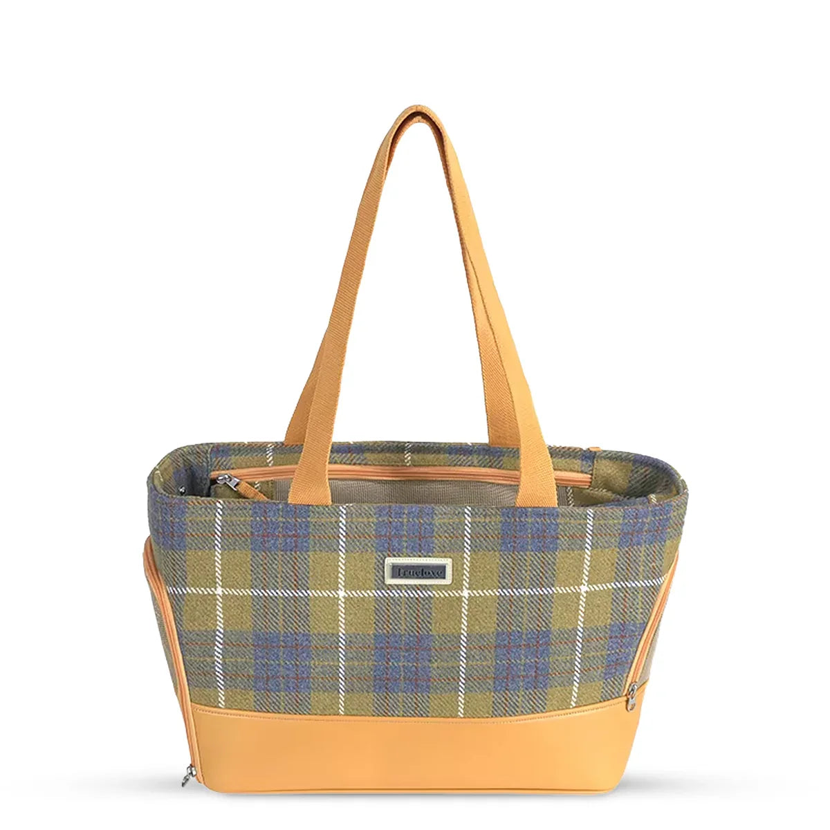 Zigly plaid tote bag with yellow handles and base, blue and green checkered pattern