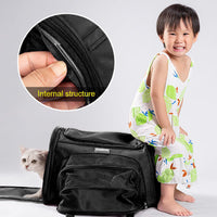 Zigly black pet carrier backpack with cat inside and child sitting on top, showing internal structure