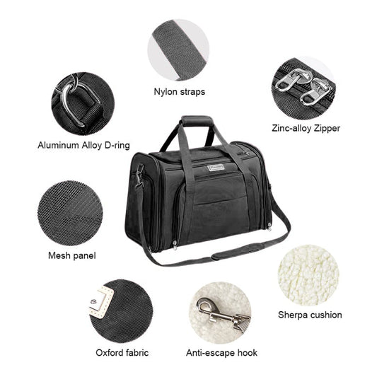 Zigly black pet carrier bag with nylon straps, mesh panel, Sherpa cushion, and anti-escape hook