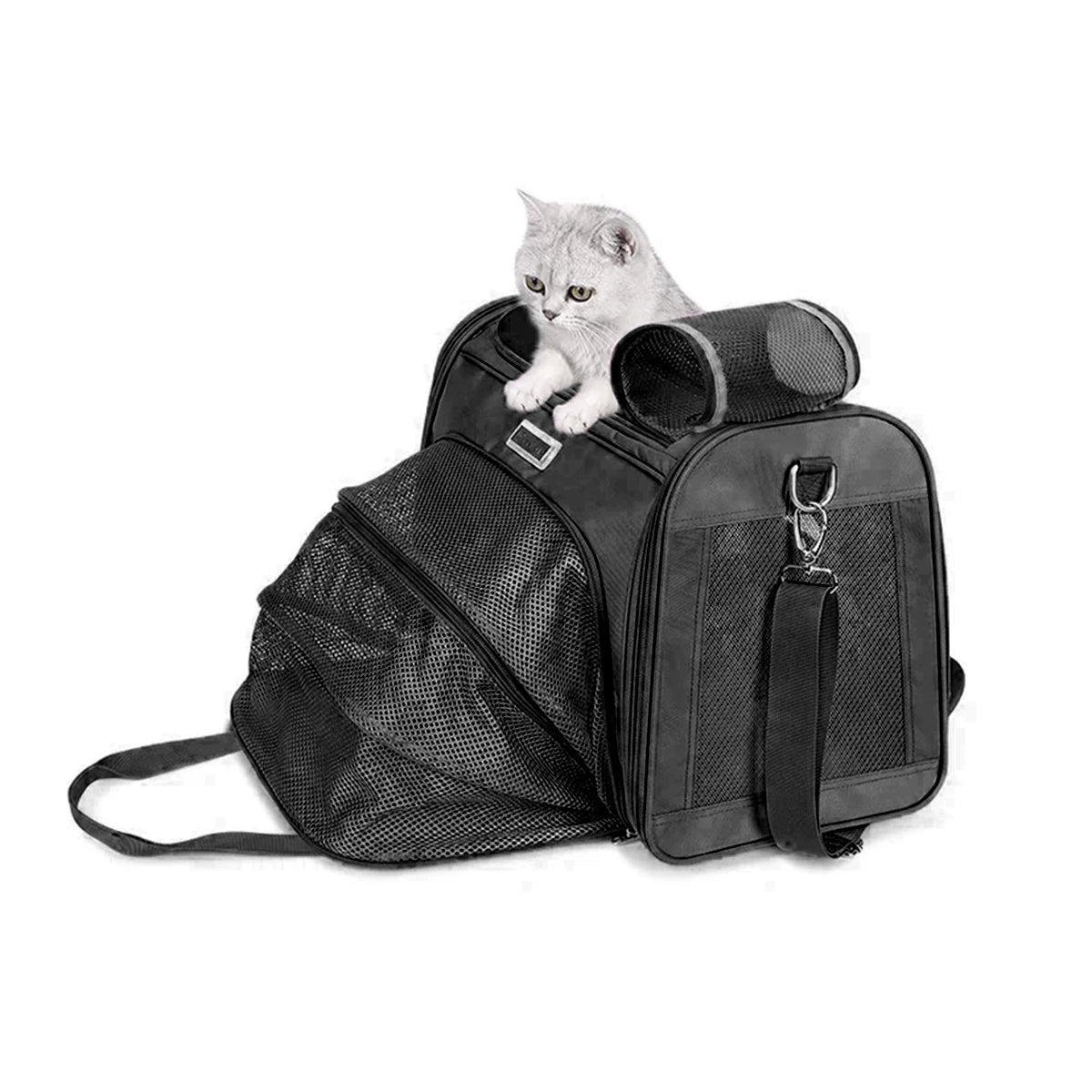White cat peeking out of black mesh pet carrier backpack with shoulder strap, zigly