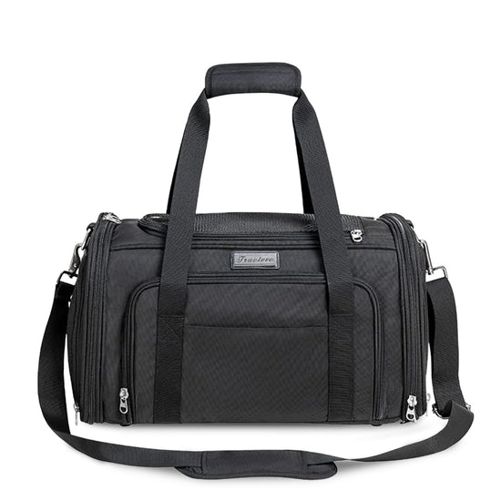black duffel bag with multiple zip compartments and zigly branding, padded handle and adjustable shoulder strap