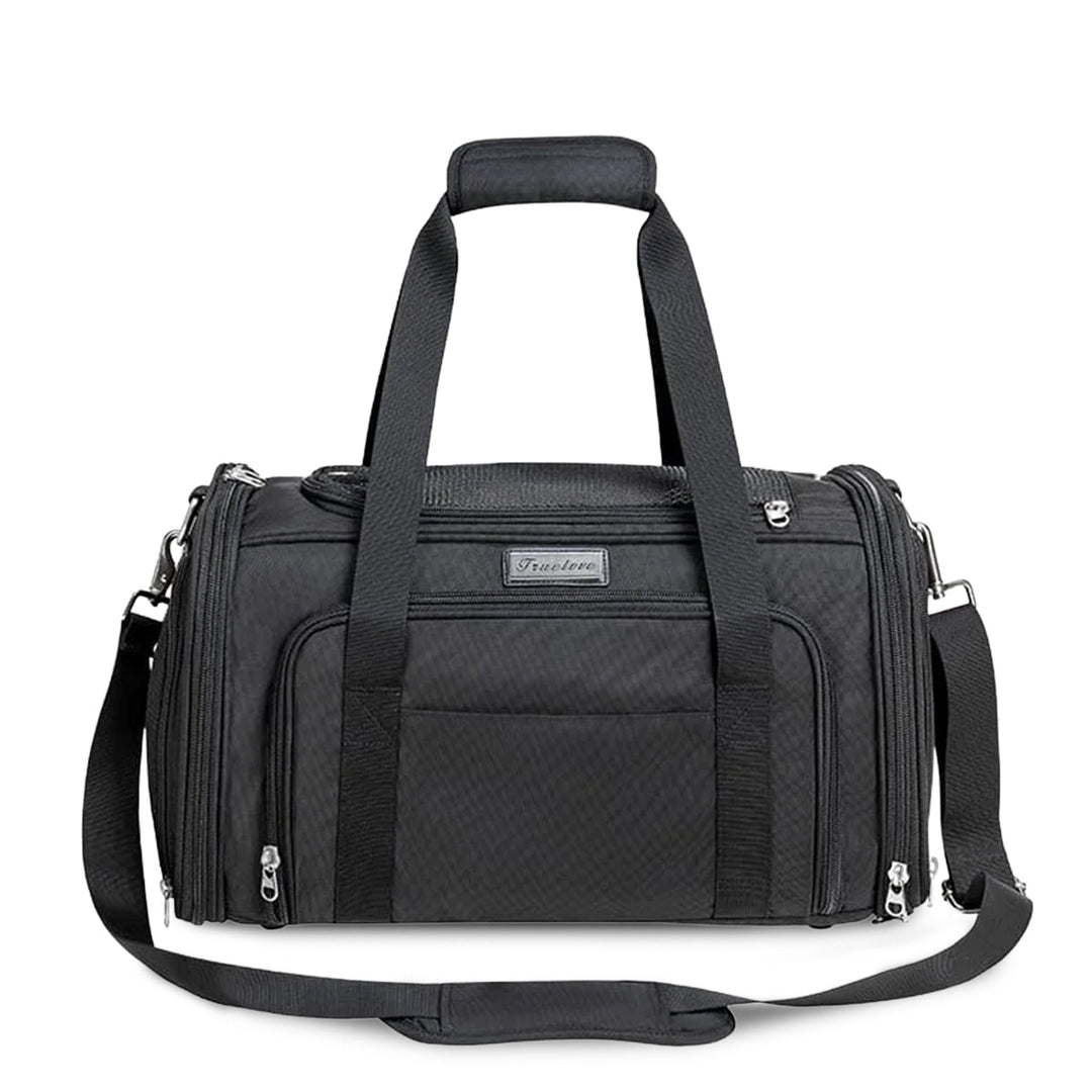 black duffel bag with multiple zip compartments and zigly branding, padded handle and adjustable shoulder strap
