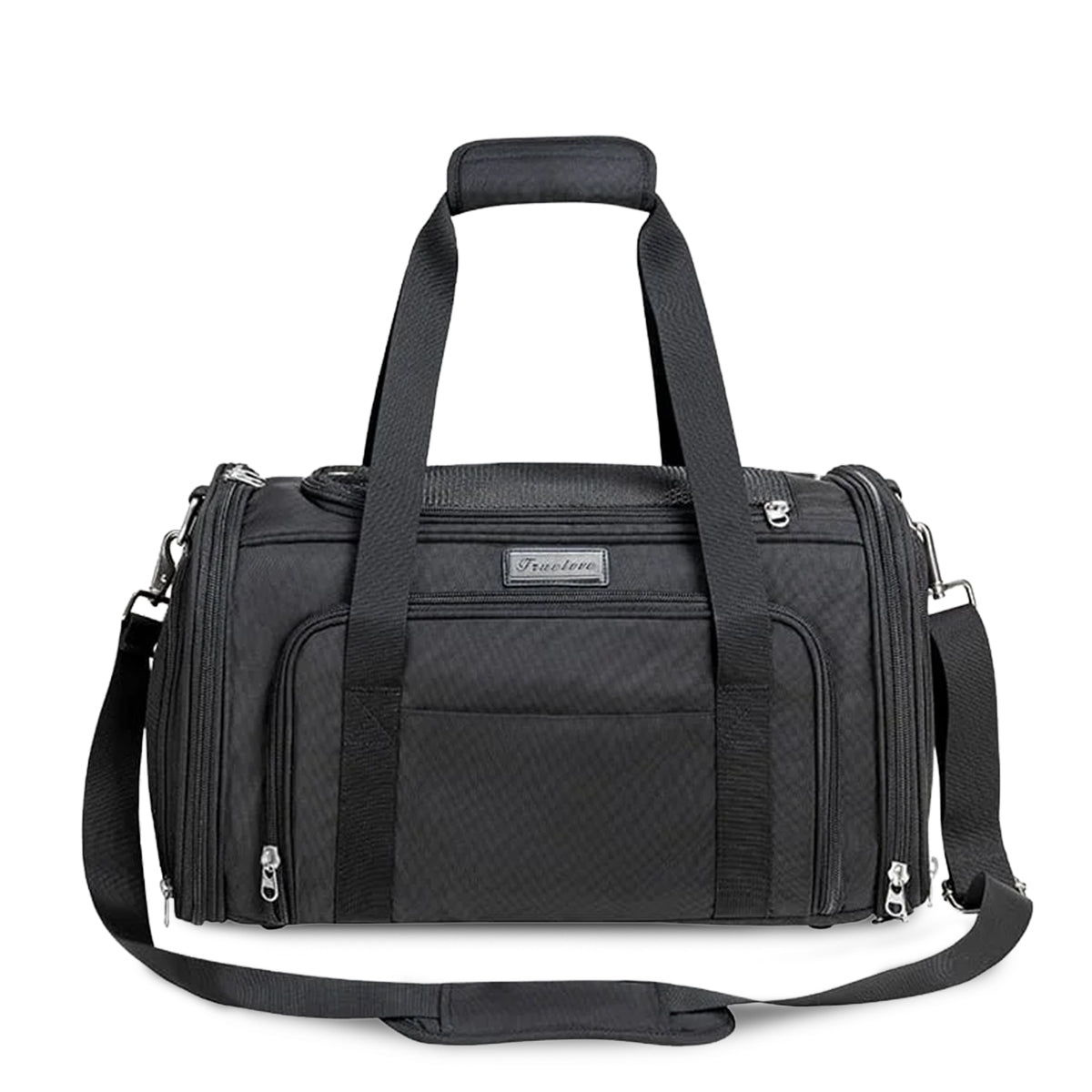 black duffel bag with multiple zip compartments and zigly branding, padded handle and adjustable shoulder strap