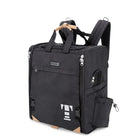 Zigly black square backpack with multiple zippers, side mesh pocket, and padded straps
