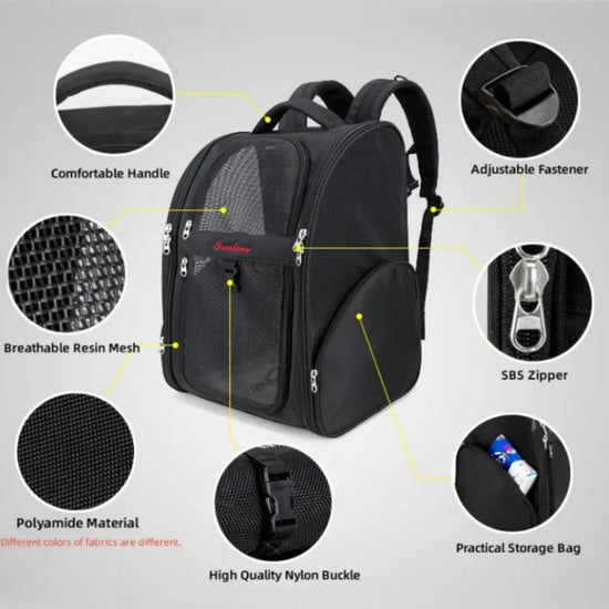 Black breathable pet carrier backpack by Zigly with adjustable fastener, nylon buckle, and storage bag