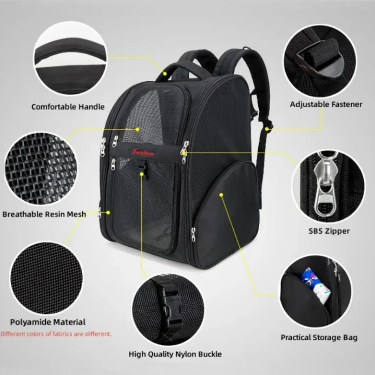 Black breathable pet carrier backpack by Zigly with adjustable fastener, nylon buckle, and storage bag