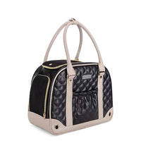 Zigly black and beige quilted leather tote bag with gold zippers and external pocket