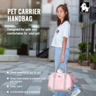 Woman holding pink zigly pet carrier handbag with small dog inside, urban outdoor setting