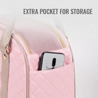 Pink quilted bag with extra pocket holding a smartphone, featuring gold zipper and beige handles, zigly