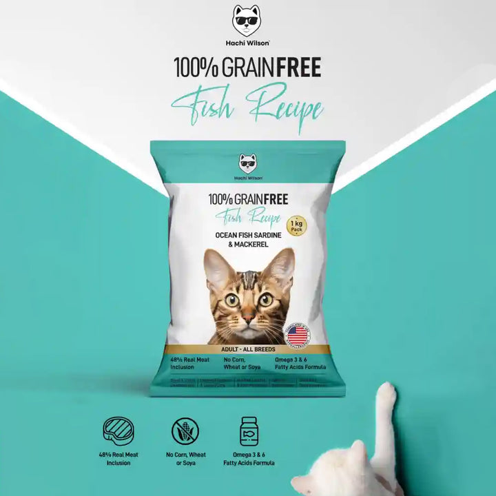 Hachi Wilson Grain Free Ocean Fish Sardine & Mackerel Dry Adult Cat Food (USA Formulated, USFDA Approved) - 1kg