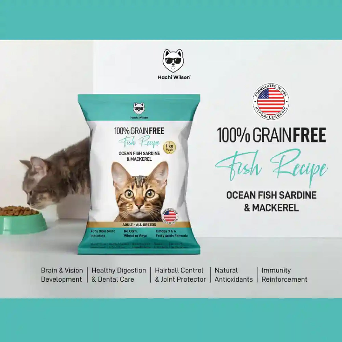 Hachi Wilson Grain Free Ocean Fish Sardine & Mackerel Dry Adult Cat Food (USA Formulated, USFDA Approved) - 1kg