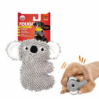 Zigly durable microfiber koala dog chew toy with small brown dog chewing on it