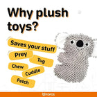 Zigly plush koala dog toy highlighting benefits like chew, tug, fetch, cuddle, and saves your stuff