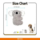 Zigly size chart showing a gray koala plush toy dimensions of 6.2x6.8 inches with a dog and tennis ball for scale