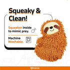 Zigly Fofos plush sloth dog toy with squeaker inside, machine washable, orange soft texture
