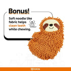 Zigly soft noodle-like fabric dog toy in orange sloth design helps clean teeth while chewing