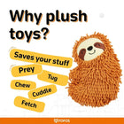 Zigly plush sloth toy with benefits like fetch, chew, tug, cuddle, and saves your stuff