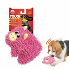 Zigly pink microfiber tough dog chew toy with animal face and a Beagle playing