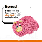 Zigly pink soft noodle-like fabric dog toy shaped like a smiling cow cleaning teeth while chewing
