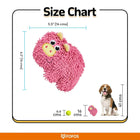 Zigly pink pig dog toy size chart with dimensions beside a beagle and tennis ball for scale