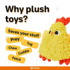 Zigly yellow plush chicken toy with reasons for plush toys: chew, fetch, cuddle, tug, prey, saves your stuff