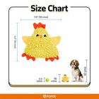 Zigly yellow plush chicken dog toy with size chart comparing toy, tennis ball, and dog height