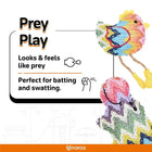 Zigly colorful woven bird cat toy labeled Prey Play, looks and feels like prey for batting and swatting